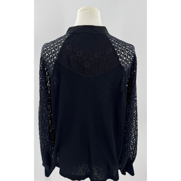 Free People Black Embroidered Lace Top Waffle Knit Shirt M Victorian Goth - Picture 4 of 7